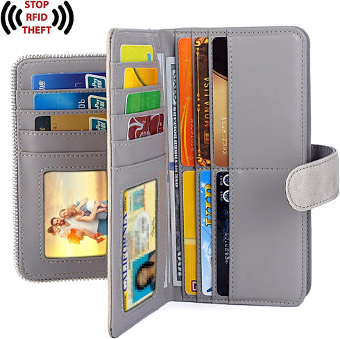 UTO Women PU Leather Wallet RFID Blocking Large Capacity 15 Card Slots Smartphone Holder Snap Closure...