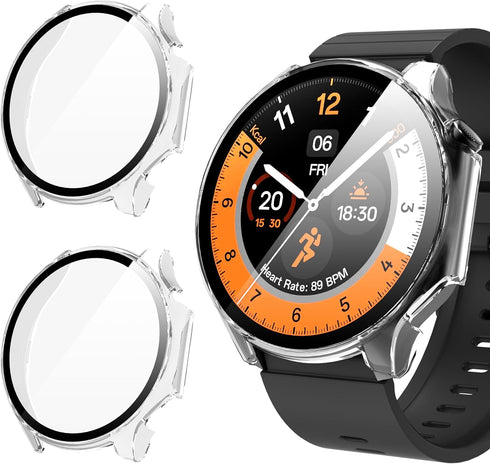 Suoman 2-Pack for Oneplus Watch 2 Case,2.5D 9H Ultra-thin Tempered Glass PC Screen Protective Case Cover for Oneplus Watch 2 (Clear+Clear)...