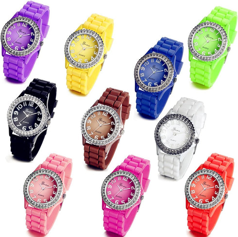Lancardo Silicone Ceramic Style Pink Wrist Watch Silver Trim and Sparkly Rhinestones Surround Bezel Women's Wristwatch...