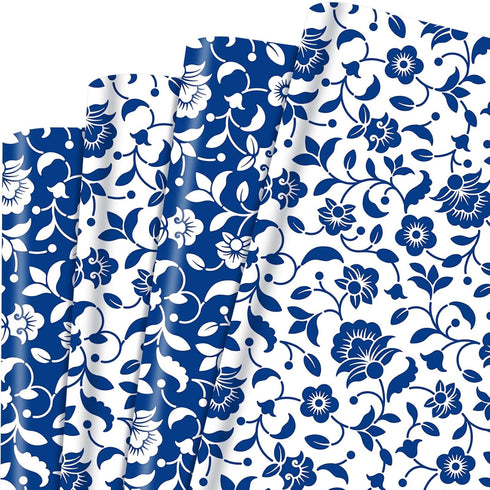 Bolsome 12 Sheets Blue Floral Wrapping Paper Blue White Flowers Patterned Gift Wrap Paper Chinoiserie Art Paper for Bridal Shower Wedding Spring T...