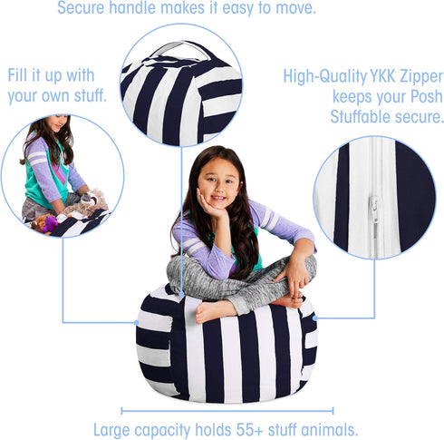 Posh Stuffable Kids Stuffed Animal Storage Bean Bag Chair Cover - Childrens Toy Organizer, Medium 27" - Canvas Stripes Blue and White...