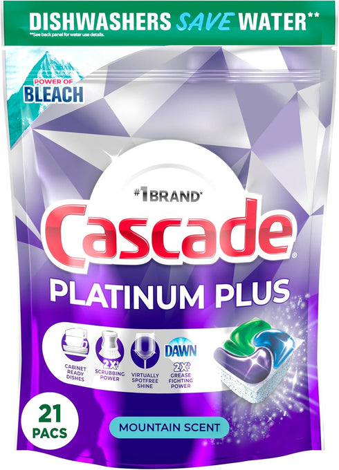 Cascade Platinum Plus Dishwasher Pods, Dish Detergent ActionPacs, Power of Bleach, 21 Count...