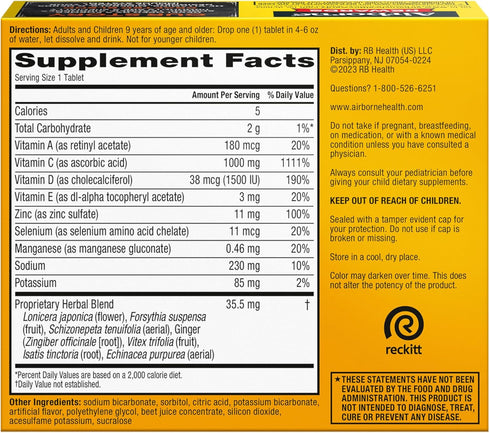 Airborne 1000mg Vitamin C with Vitamin D & Zinc, Sugar Free Multivitamin Immune Support Supplement, Antioxidants Vitamins A C & Vitamin E, 30 Effe...