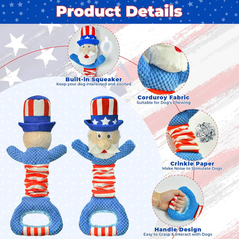 Vehomy 4th of July Dog Toy Independence Day Dog Squeaky Toy for Aggressive Chewers Uncle Sam Dog Plush Toy Pet Dog Tug of War Toy Pet Interactive ...