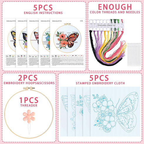 Yinder 5 Sets Embroidery Beginners Kit with Butterfly Flower Patterns and Instructions Cross Stitch Kits for Starter DIY Adult Kids Butterfly Patt...