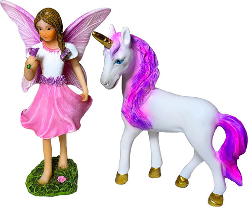 Mood Lab Fairy Garden - Fairy with Unicorn Set of 2 pcs - Miniature Figurines Statue Kit - Outdoor or House Decor...