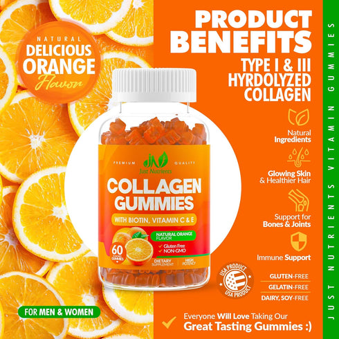 Collagen Peptides Gummies with Biotin, Vitamin C & E for Women & Men - Hair, Skin, Nails & Joints - Gluten-Free, Non-GMO - 60 Gummies...