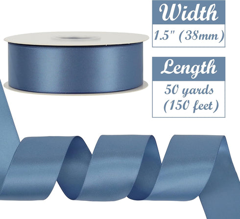 HUIHUANG 1-1/2 inch Double Face Satin Ribbon, Polyester Satin Smoke Blue Ribbon 50 Yards Per Roll for Gift Wrapping Bows Making Floral Bouquet Wed...