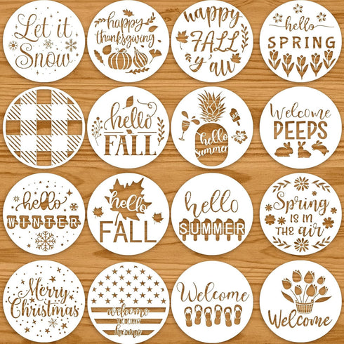 Chuangdi 16 Pcs Large Round Stencils for Painting on Wood Welcome Summer Stencils Welcome Seasonal Reusable Stencils Snowflake Plastic Templates D...