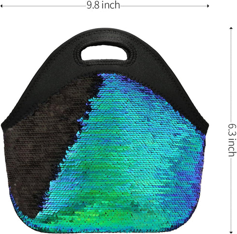 Neoprene Lunch Bag for Women,Double-Sided Green Sequins Insulated Neoprene Tote Bag with Zipper for Work, Reusable Washable Thermal Bag for Lunch ...