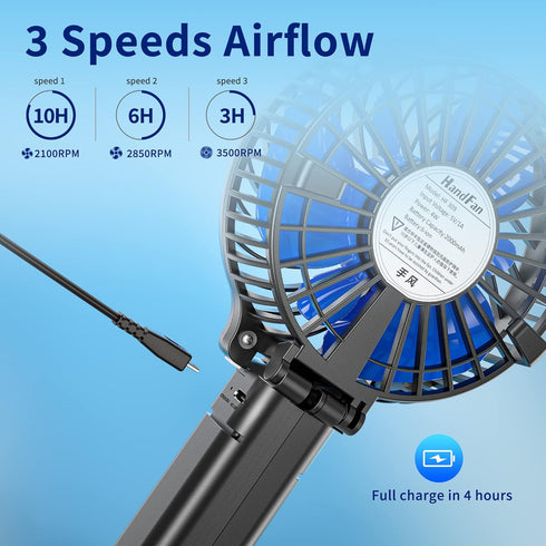 HandFan Portable Handheld Fan, Mini Personal Fan, Battery Operated Cooling Rechargeable Fan, 180° Foldable Small Hand Fan, USB Powered, for Home, ...