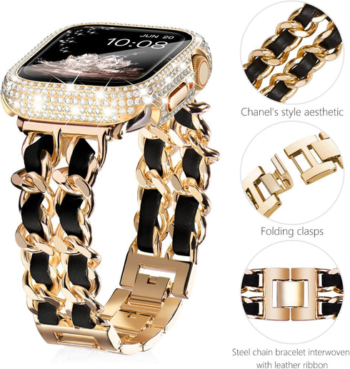 FULLIFE Compatible with Apple Watch Bands for Women 38mm 40mm 41mm 42mm 44mm 45mm with Screen Protector, Jewelry Bracelet Metal Strap with Bling C...