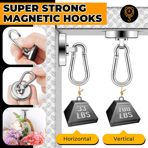 VNDUEEY Strong Magnetic Hooks, 100Lbs 10 Pack Neodymium Grade-52 Magnet Hooks Heavy Duty, Magnets with Swivel Carabiner Hook for Hanging, Cruise, ...