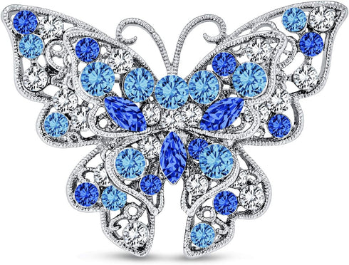 Large Statement Crystal Accent Yellow Orange Golden Aqua Blue Black Clear Garden Dragonfly Firefly Fluttering Filigree Butterfly Brooch Scarf Pin ...