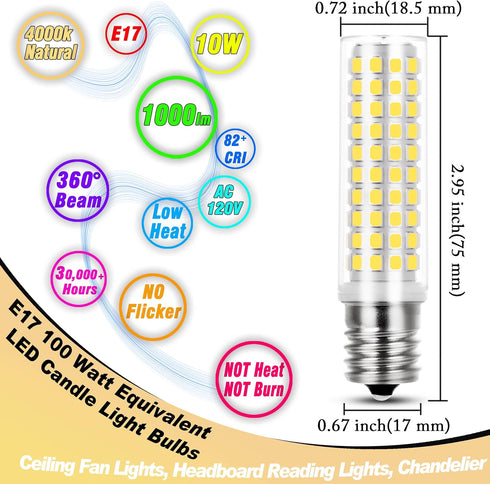 E17 LED Bulb 10 Watt Equivalent 100W 4000K Natural White 1000lm Non-Dimmable 120V E17 Intermediate Base LED Bulb for Desk Lamp, Ceiling Fan Lights...