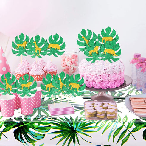 36 Pieces Animal Cupcake Toppers Jungle Style Cake Toppers Gold Glitter Palm Leaves Cake Decorations for Jungle Safari Animals Party Baby Showers ...