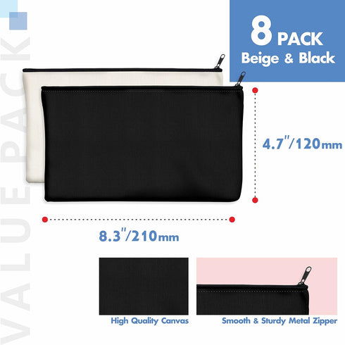 8 Pack Blank Cotton Canvas DIY Craft Zipper Bags Pouches Pencil Case for Makeup Cosmetic Toiletry Stationary Storage (Beige &Black 8.3” x 4.7”)...