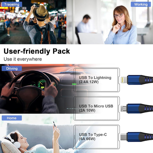 Multi 3 in 1 USB Long Charger Cable, 3M/10Ft 6A PD Fast Braided Charging Cord, Universal Multiple Ports Long Charging Cable with USB C/Micro USB/L...