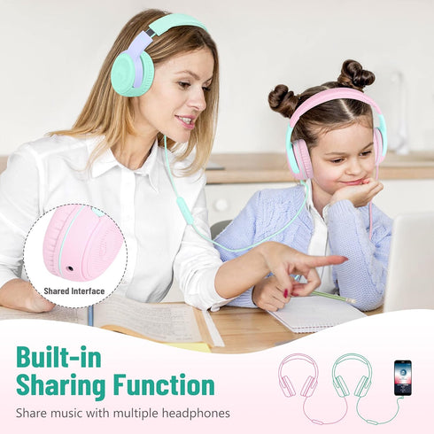 rockpapa Share 1 Kids Headphones Wired with Microphone & Share Port, 85dB/94dB Volume Limited, Cute Foldable Student Child Boys Girls Headphones f...