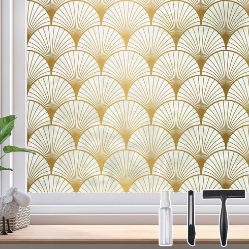DKTIE Window Privacy Film Frosted Glass Static Clings Non Adhesive with Installation Tools, Modern Home Improvement Style (Gold, 17.7'' x 118.1'')...