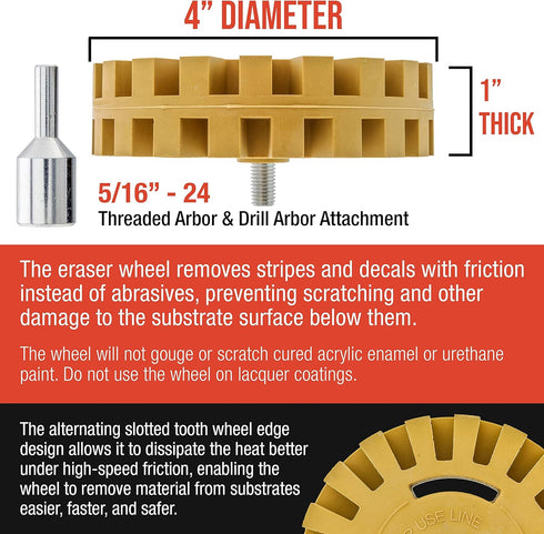 TCP Global Rubber Eraser Wheel with Drill Adapter - 4” Knobby Slotted Edge Pad - Decal Remover Wheel - Sticker Remover Tool - Removes Adhesives on...
