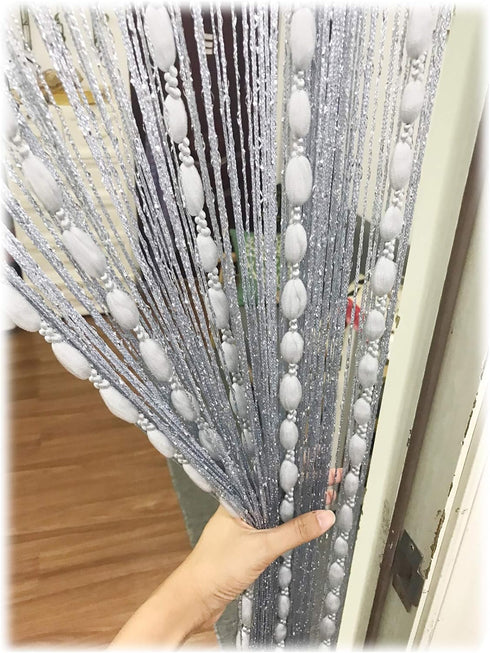 Door String Curtain Flat Silver Ribbon Thread with Shaggy Tassel Room Divider, 39’’x79’’ (Grey-style2)...