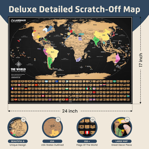 Landmass Scratch Off World Map, Deluxe Travel Tracker with Flags, Detailed Cartography, Gift Idea for Travelers, Wall Art, Home or Office Decor, 1...