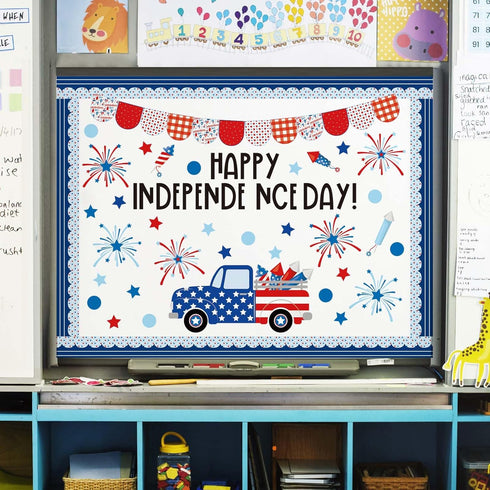JarThenaAMCS 74Pcs Happy Independence Day Bulletin Board Kit Patriotic Red Blue Star Truck Fireworks Paper Cutouts with 100Pcs Glue Points 4th of ...
