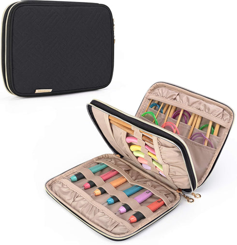 Teamoy Crochet Hook Case(up to 8”), Circular Knitting Needle Storage Bag, Travel Organizer Bag for Crochet Hook and Knitting Accessories, Black (B...