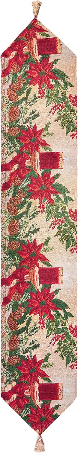 Decorative Christmas Poinsettias Candles Design Tapestry, 13" X 70" Table Runner...
