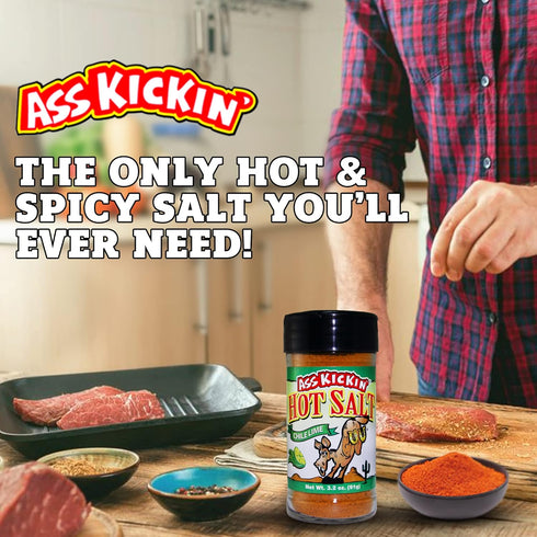 ASS KICKIN' Hot & Chile Lime Salt – 3.2oz. Shaker Jar - Perfect Flavored Salt for Popcorn Seasoning, Margarita Salt and French Fry Seasoning - Pre...