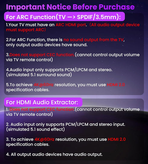 avedio links HDMI ARC Audio Extractor Converter 4K@60Hz, HDMI to Optical Toslink SPDIF + 3.5mm AUX Jack Stereo Audio Adapter Converter Splitter In...
