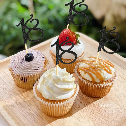Sumerk 24PCS 18 Cupcake toppers Black Glitter 18th Birthday Cupcake Picks Anniversary Party Decorations...