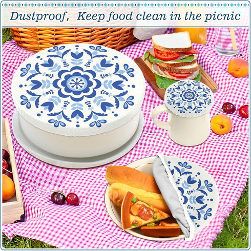 Reusable Stretchy Bowl Covers 5 Pieces, Circle Floral Blue Food Storage Container Elastic Covers, Dough Covers Reusable Fabric Covers for Bread Pr...