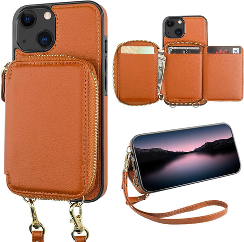 Bocasal RFID Blocking Wallet Case for iPhone 14 iPhone 13, Adjustable Crossbody Zipper Purse Case Card Holder with Kickstand Detachable Wrist Stra...