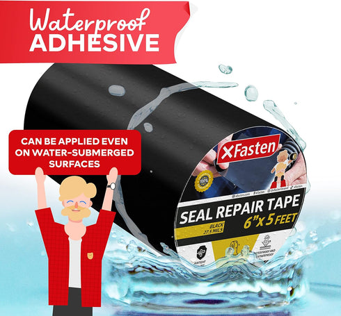 XFasten Waterproof Patch Seal Repair and Leak Shield Tape, 6-Inch x 5-Foot (Black, 6-Inch x 5-Foot)...