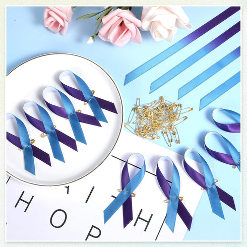 Hanaive 300 Pcs Suicide Prevention Awareness Purple Blue Ribbons Pins Wired Fabric Ribbons with Safety Pins Lapel Pin Satin Ribbon for Charity Pub...