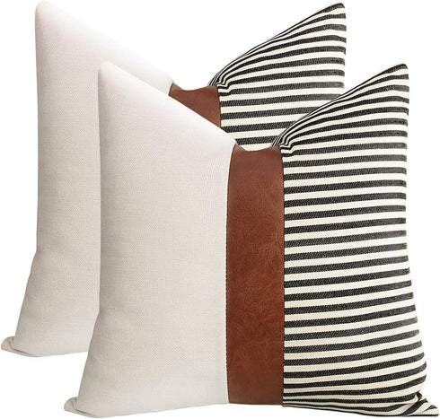cygnus 20x20 Pillow Covers Set of 2 Farmhouse Decor Stripe Patchwork Linen Throw Pillow Covers Modern Faux Leather Covers for Couch Sofa,Black...