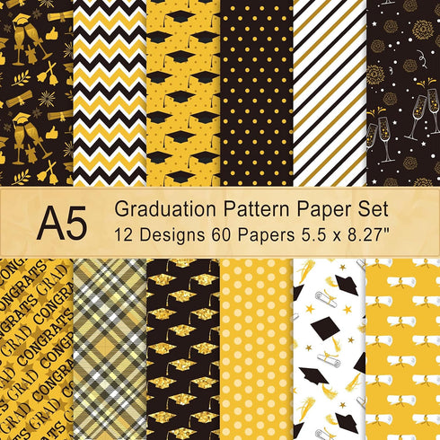 Whaline Graduation Pattern Paper 60 Sheet A5 Size Black Gold Graduation Diploma Cap Pattern Paper Double-Sided Congrats Grad Decorative Origami Pa...