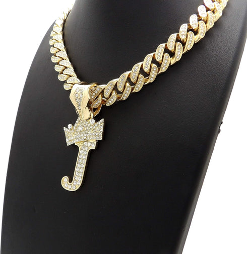 Hip Hop Alphabet Initial J Pendant & 12mm 18" Full Iced Box Lock Cuban Chain Necklace...