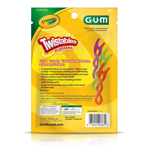 GUM Crayola Twistables Kids Flossers with Fluoride - Designed for Little Hands - Three Fun Fruit Flavors - Easy to Use Kids Floss Picks for Childr...