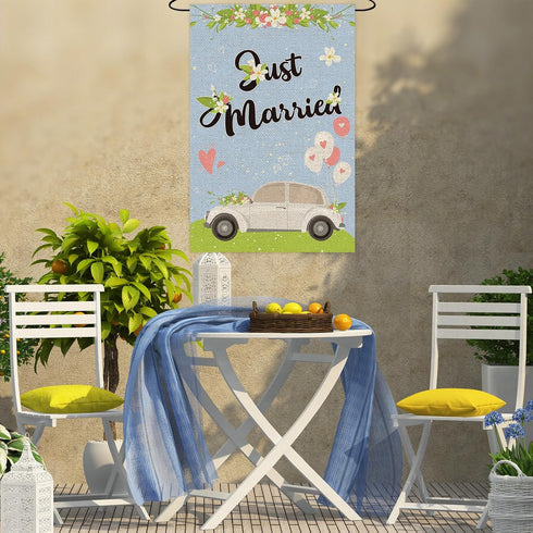 Just Married Garden Flag, Burlap Vertical Double Sided, Wedding / Engagement / Bridal Shower Party Decoration Yard Sign, Welcome to Our Wedding De...