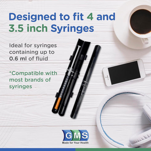 GMS 60 Unit Syringe Case - Holds New, Prefilled & Used Syringes with Needles - Small & Discreet - Ideal for Travel - Sharps Container - 2 Pack - B...