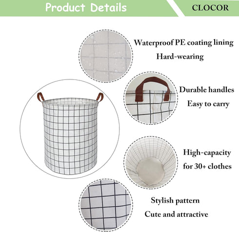 CLOCOR Collapsible Round Laundry Hamper/Large Storage Basket/Toys Bin/Boys and Girls Hamper/Room Decor (White check)...