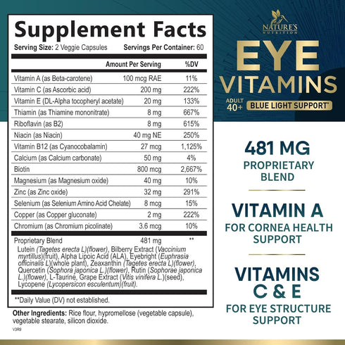 Eye Vitamins & Mineral Supplement, Contains Lutein, Zeaxanthin, Bilberry & Zinc, Supports Eye Strain, Vision Macular Health & Dry Eyes for Adults ...