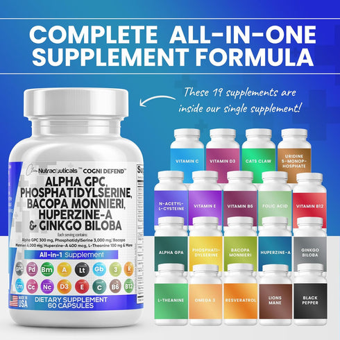 Clean Nutraceuticals Alpha GPC Choline 300mg Phosphatidylserine 3000mg Bacopa Monnieri 6000mg Ginkgo Biloba 2000mg Huperzine A 400mcg Supplement w...