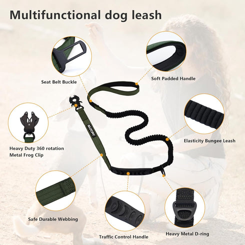 No Pull Tactical Dog Leashes for Medium Large Dogs Heavy Duty with Aluminum Frog Clip? Reflective Bungee Dog Leash with Soft Paded Handle?ArmyGree...
