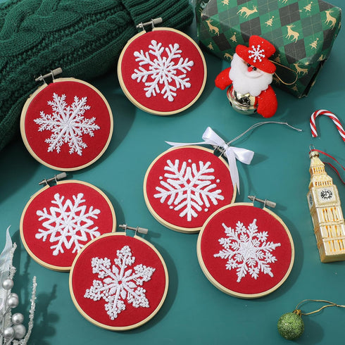 6 Sets Winter Embroidery Kit for Beginners Snowflakes Christmas Cross DIY Needlepoint Kit with Patterns, Instructions, Embroidery Hoops, Threads, ...