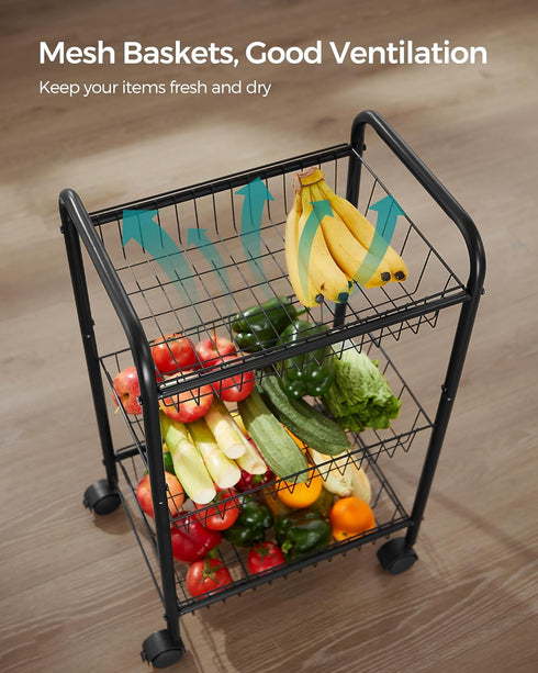 SONGMICS 3-Tier Metal Rolling Cart on Wheels with Baskets, Lockable Utility Trolley with Handles for Kitchen Bathroom Closet, Storage with Removab...