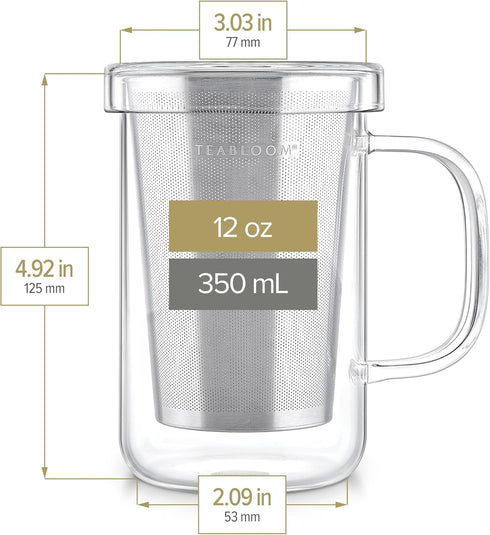 Teabloom Premium Borosilicate Glass Mug with Stainless Steel Loose Leaf Tea Infuser and Lid/Dish - 12 Ounces (350 mL)...